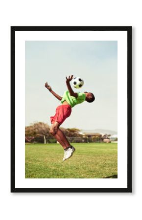 Sport, football and player with ball on chest for balance, trick practice and exercise for competition match on field. Mockup, boy kid or playing game with soccer for coordination training or fitness