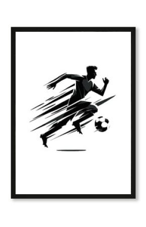  a stylized silhouette of a soccer player captured in mid-sprint with a soccer ball. The design emphasizes speed and movement through sharp, angular lines and contrasting shades of black and white. Pe