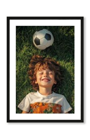 Smiling child enjoying outdoor relaxation, lying on green grass next to a soccer ball in bright sunlight.