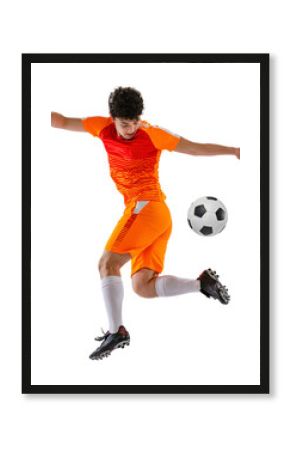 Dynamic image of determined athletes, soccer player in motion, training, dribbling ball isolated on white transparent background. Concept of sport, competition, active lifestyle, game