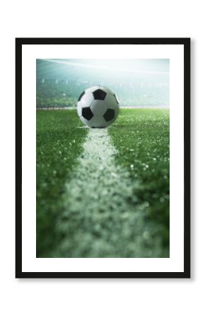 Soccer field with soccer ball and line, side view