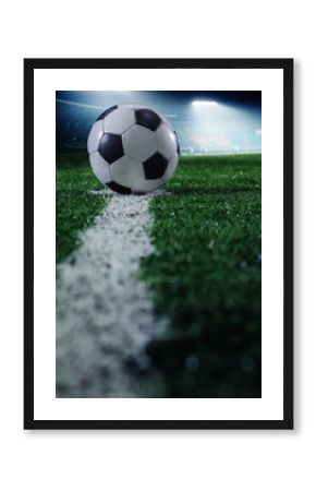 Soccer field with soccer ball and line, side view