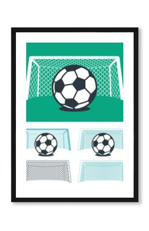 Set of soccer balls with nets and goal posts