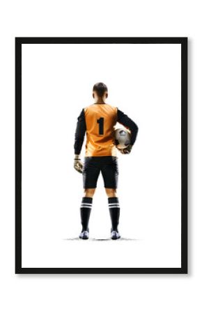 Professional soccer goalkeeper in action on white background