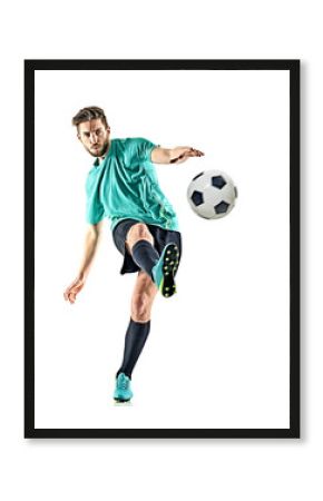 one caucasian soccer player man isolated on white background