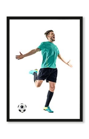 one caucasian soccer player man happy celebration isolated on white background