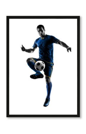 one caucasian soccer player man playing in silhouette isolated on white background