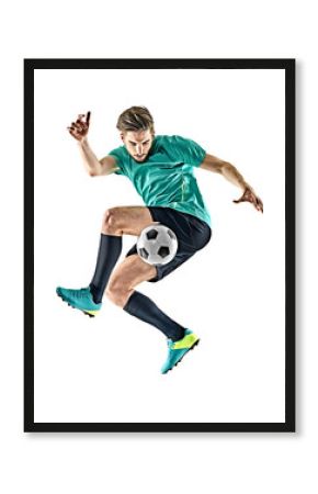 one caucasian soccer player man jungling isolated on white background