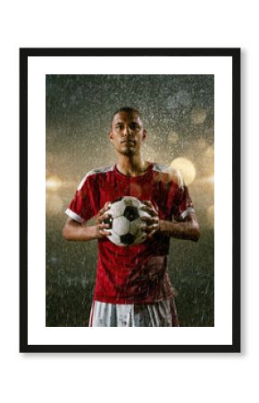 Soccer player on professional soccer night rain stadium. Dirty player in rain drops hold a football ball