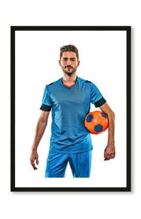 one caucasian youg soccer player man standing in studio isolated on white background