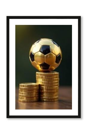 Shiny gold soccer ball on tall stack of coins, financial success symbol, ball, soccer, money