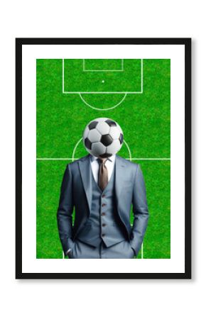 man in suit with a soccer ball as head
