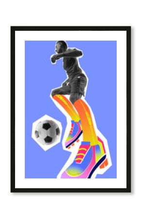Poster. Conceptual art collage. Player focuses on controlling ball while wearing vibrant gradient cleats and orange socks. Concept of professional sport, active lifestyle, betting, game.