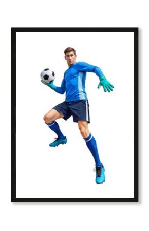 Professional male goalkeeper posing with a ball in hand about to throw it