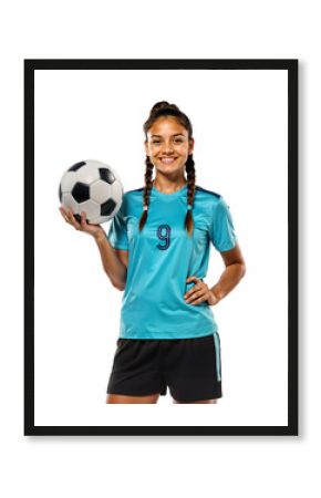 Bright smile from female athlete in teal jersey with a ball on her hand
