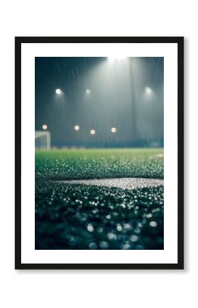 Rainy soccer field at night with bright stadium lights and green grass wet weather conditions outdoor game