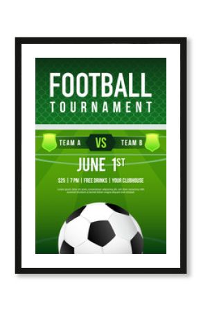 Football tournament poster vector illustration. A soccer ball in front of goal.