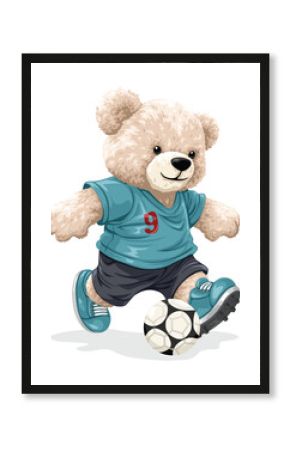 Cute teddy bear in soccer uniform kicking ball