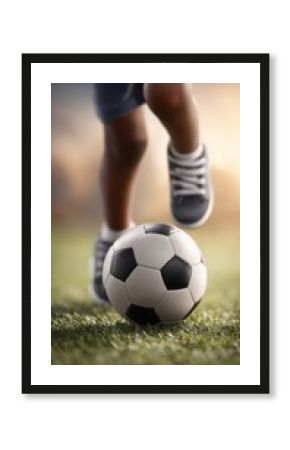 Child kicking soccer ball on grass field