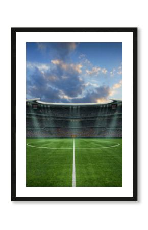 green field in soccer stadium. ready for game in the midfield. Poster with copy space.