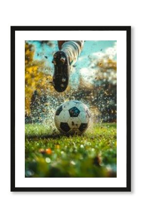 A soccer player kicks the ball on the field, creating a splash of water, useful for sports articles and sports shoe ads.