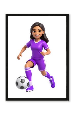 A cartoon woman in purple soccer uniform dribbling a soccer ball forward transparent background