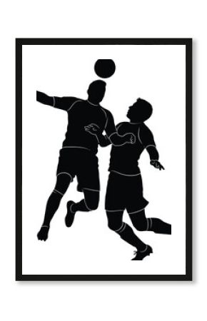 Two black silhouette soccer players jumping to head a soccer ball football sport