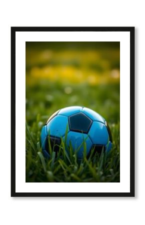 blue soccer ball in the grass