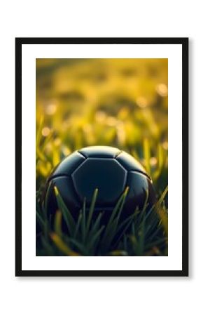 black soccer ball in the grass