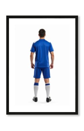 Athletic Man in Blue Soccer Uniform Back View.