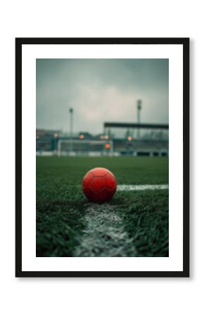 Red soccer ball on green stadium grass image