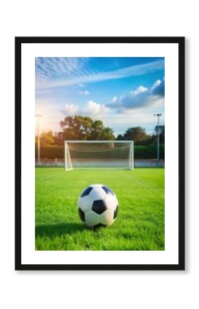 soccer ball on green grass field with goalposts in the background