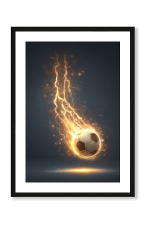 A soccer ball engulfed in fiery, electric streaks, descends against a dark grey backdrop, leaving a luminous trail