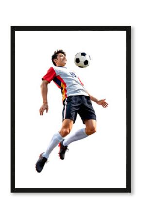 Asian male football player leaping midair to receive a soccer ball pass