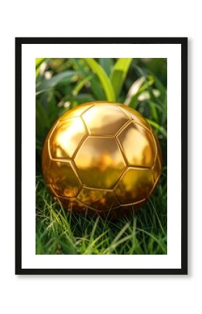 Golden soccer ball rests in vibrant green grass