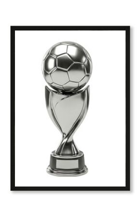Silver soccer trophy with football on top isolated on transparent background