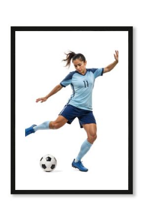 Athletic female soccer player in full kick motion on isolated background