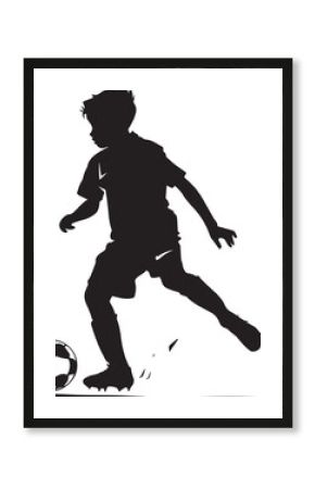 A black and white silhouette of a boy playing soccer against a white background.