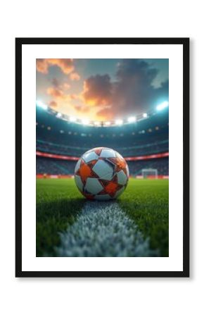 AI generative champions league soccer ball on green field centerline at stadium. Orange stars soccerball, green grass, illuminated arena. Sport championship. Competitive team sport event. Soccer