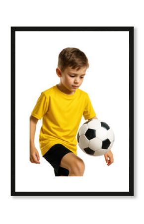 Young boy in yellow jersey controlling a soccer ball.