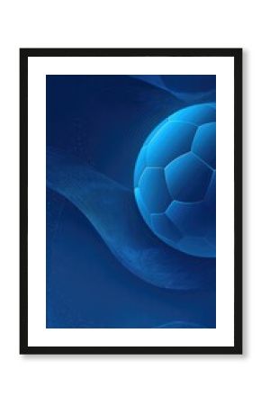 A translucent blue soccer ball floats amidst swirling, ethereal blue waves on a deep blue background