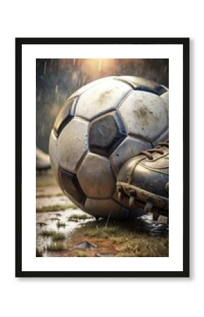 Athlete's foot on soccer ball close-up with cleats and mud