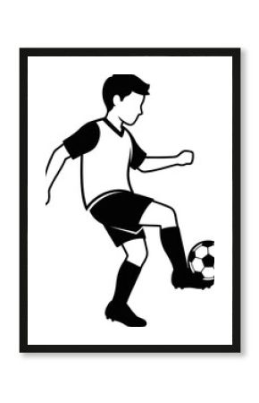 Little boy playing soccer with ball practicing dribbling move. Youth sport activity. Simple black and white vector outline illustration