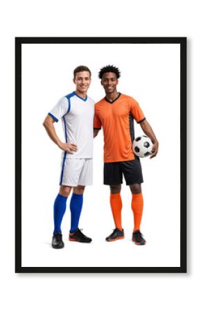 Two pro soccer player from different team side by side showing friendly sportsmanship