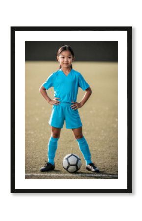 Asiatic young girl dressed on a light blue soccer uniform, posing on the field with a soccer ball, ready to play. Athletic scene, showcasing determination and the benefits of sport in children.