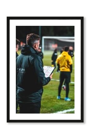 A coach observes a soccer practice session, holding a clipboard with notes.
