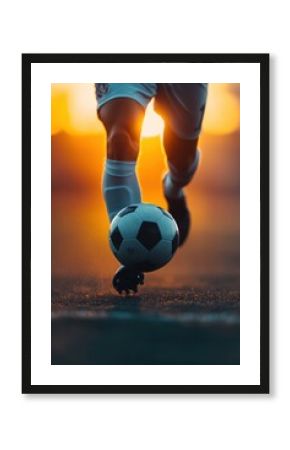 soccer player kicking ball at sunset