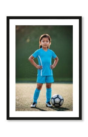 Asiatic young girl dressed on a light blue soccer uniform, confidently posing on the field with a ball, ready to play. Athletic scene, showcasing determination and the benefits of sport in children.