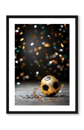 Golden soccer ball surrounded by colorful confetti against a dark background, symbolizing celebration and victory.