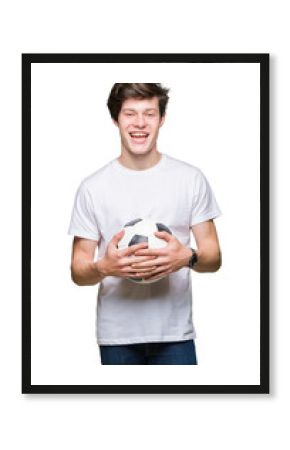 Young man holding soccer football ball over isolated background with a happy face standing and smiling with a confident smile showing teeth